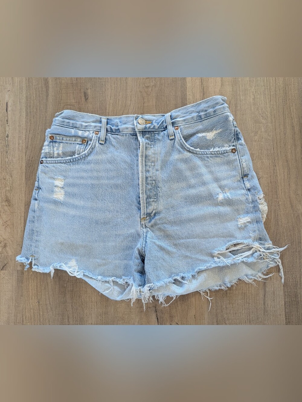 Agolde Light Blue Distressed High-Rise Denim Shorts - Picture 2 of 9